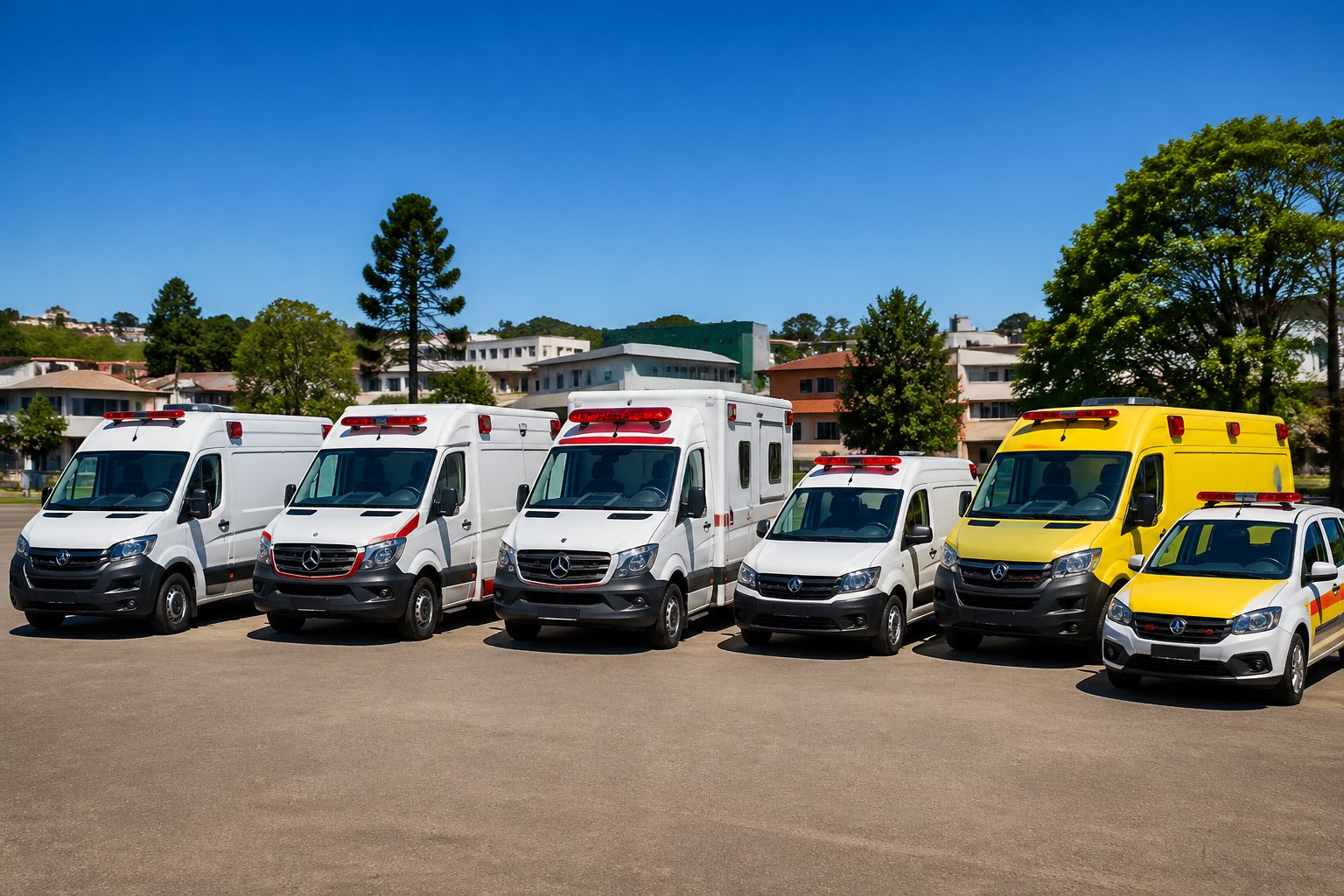Linha de diferentes tipos de ambulâncias estacionadas ao ar livre em uma cidade pequena, com céu azul e vegetação ao fundo.
