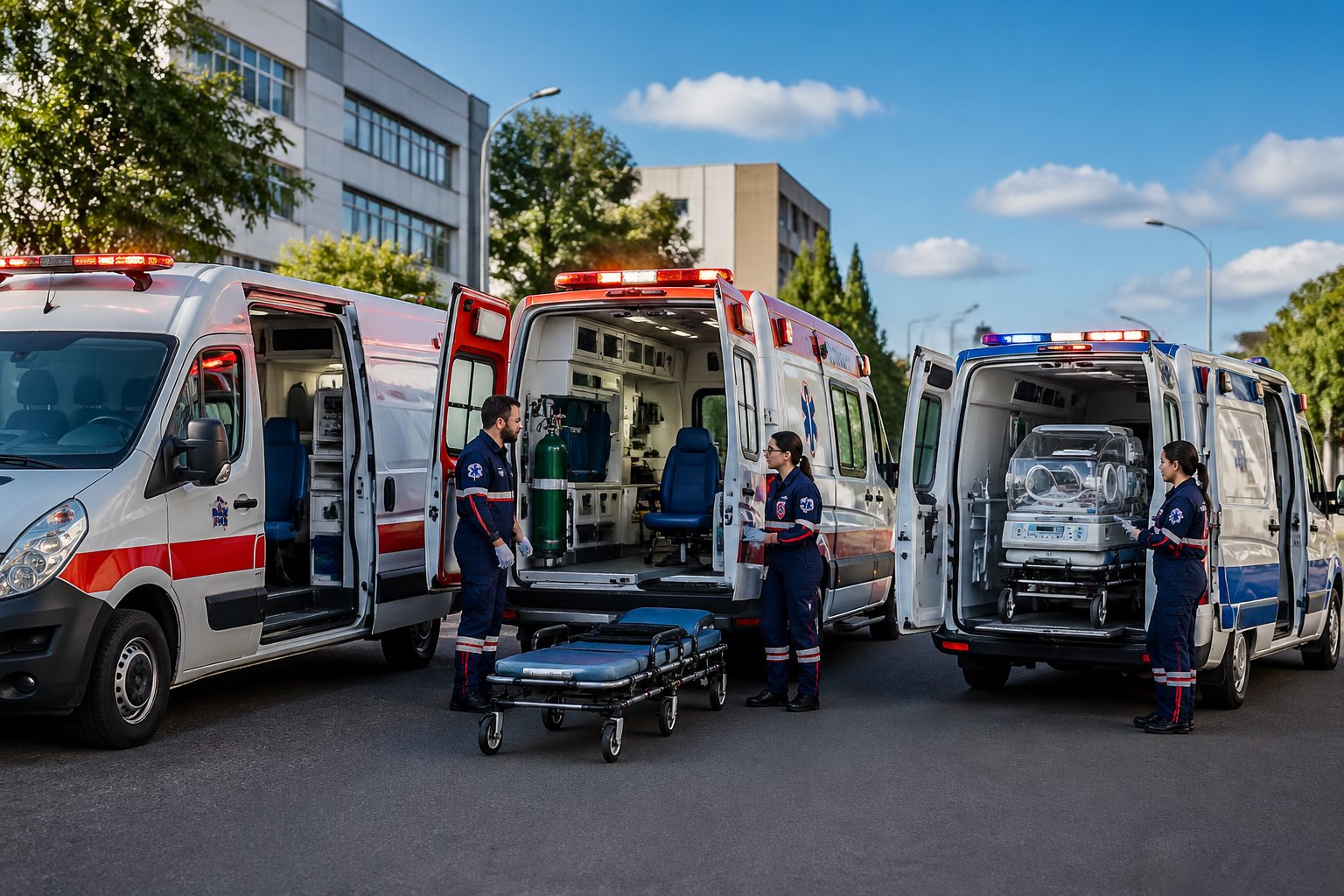 Ambulância em Nova Laranjeiras: Serviços de Atendimento Médico de Emergência na Região Vários tipos de ambulâncias estacionadas em uma rua urbana de Nova Laranjeiras, com paramédicos próximos e equipamentos visíveis.