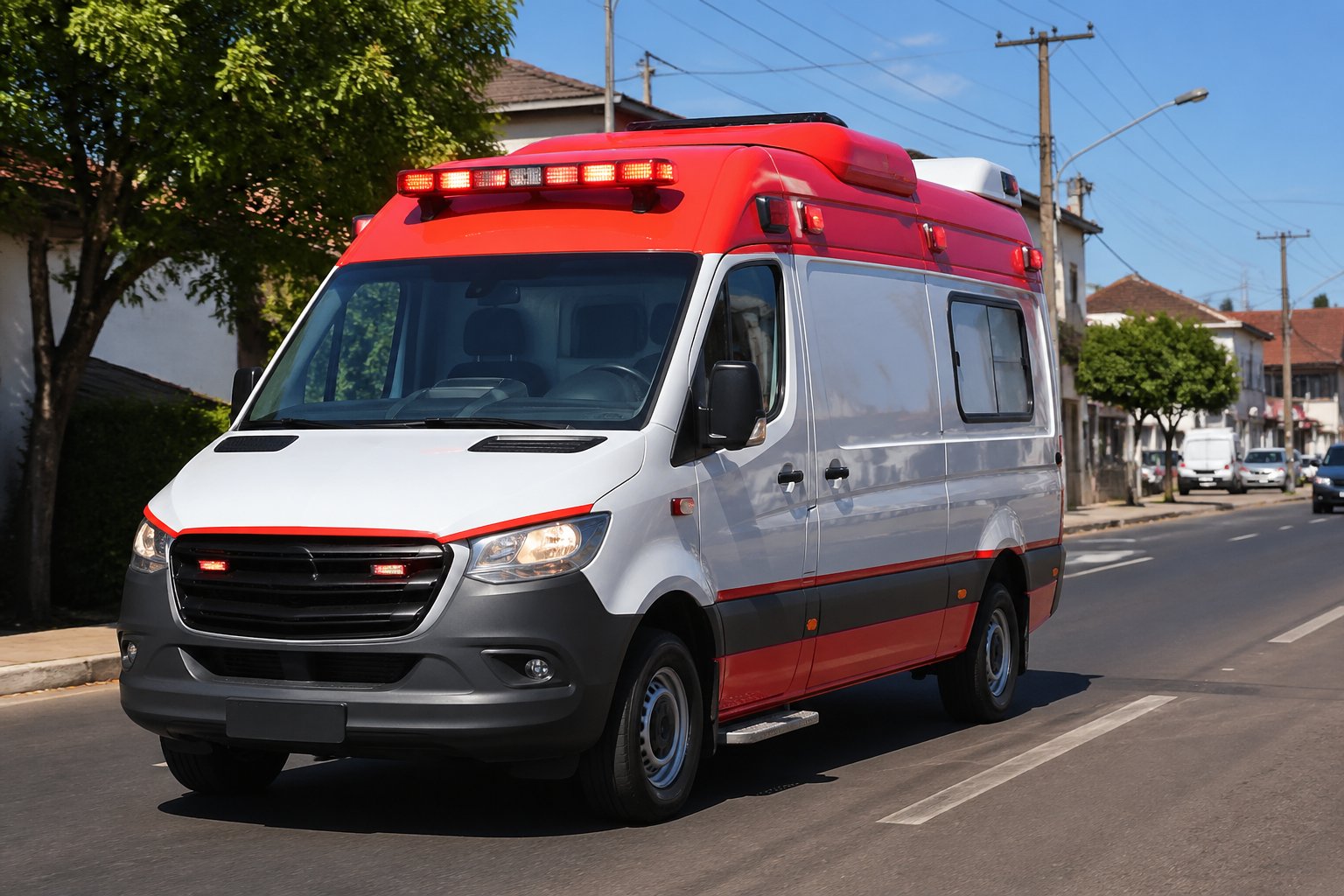 Ambulância em Nova Laranjeiras: Serviços de Atendimento Médico de Emergência na Região Ambulância em uma rua urbana de Nova Laranjeiras, pronta para atendimento de urgência e emergência.