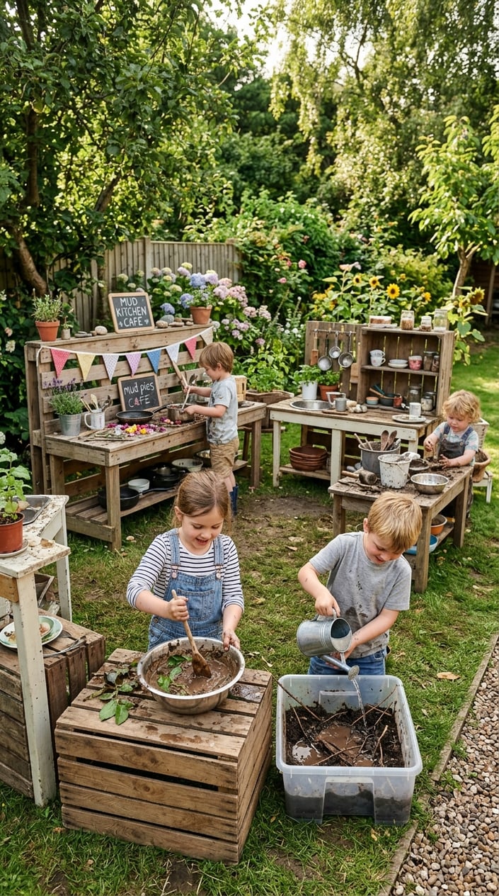 12 Mud Kitchen Setups for Kids (Using Mostly Stuff You Already Have Outside) 2 Children playing with homemade mud kitchen setups outdoors in a garden, using buckets, bowls, and garden tools to mix mud and natural materials.