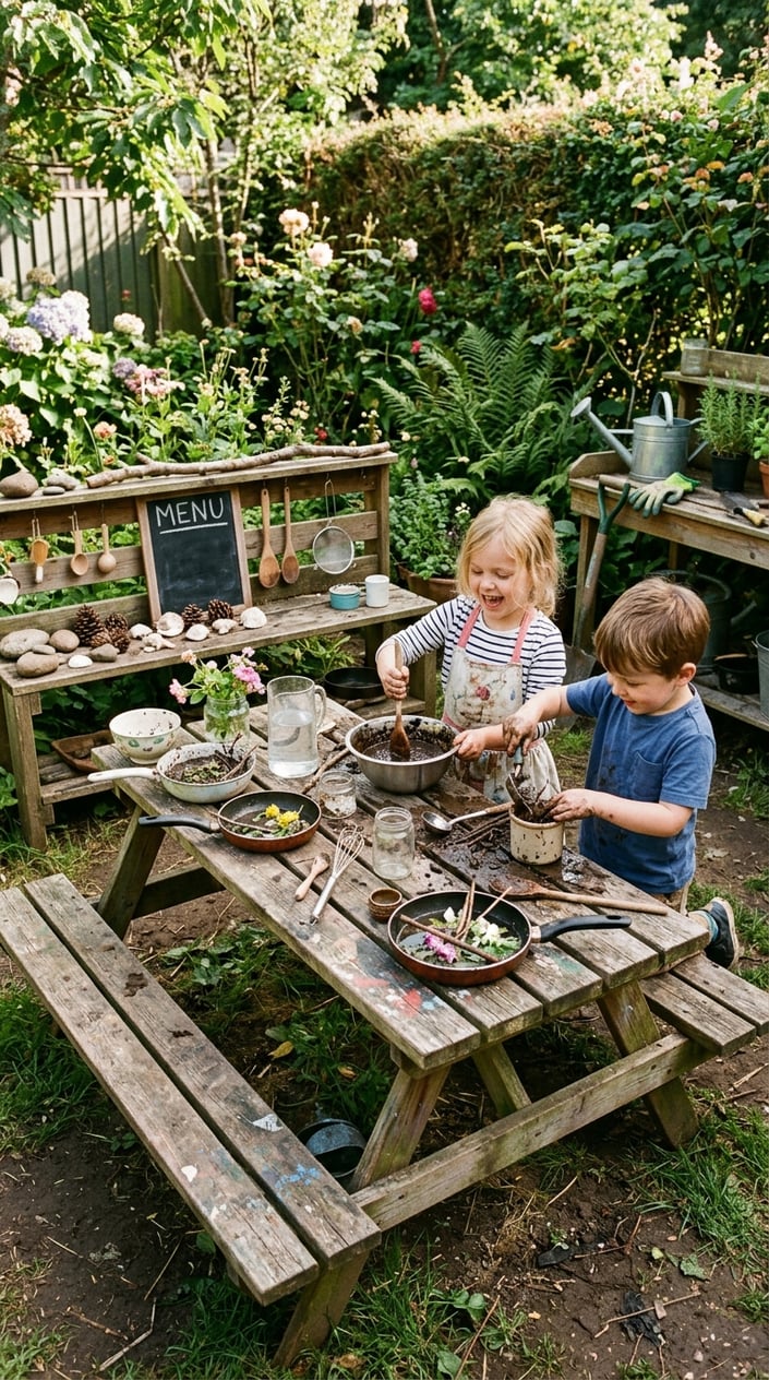 12 Mud Kitchen Setups for Kids (Using Mostly Stuff You Already Have Outside) 3 A DIY mud kitchen made from an old picnic table outdoors with children playing and mixing mud using bowls and wooden utensils.