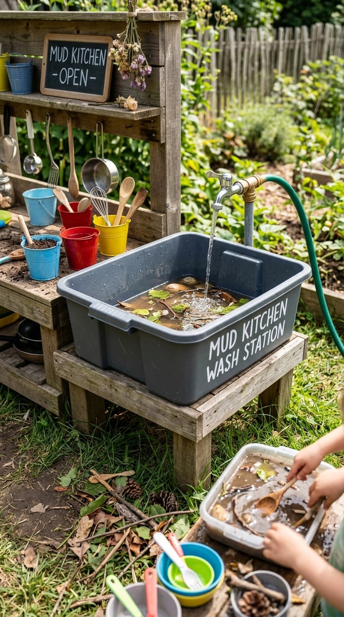 12 Mud Kitchen Setups for Kids (Using Mostly Stuff You Already Have Outside) 4 Outdoor plastic storage bin used as a sink with water flowing from a garden hose, surrounded by natural elements and children's outdoor play items.