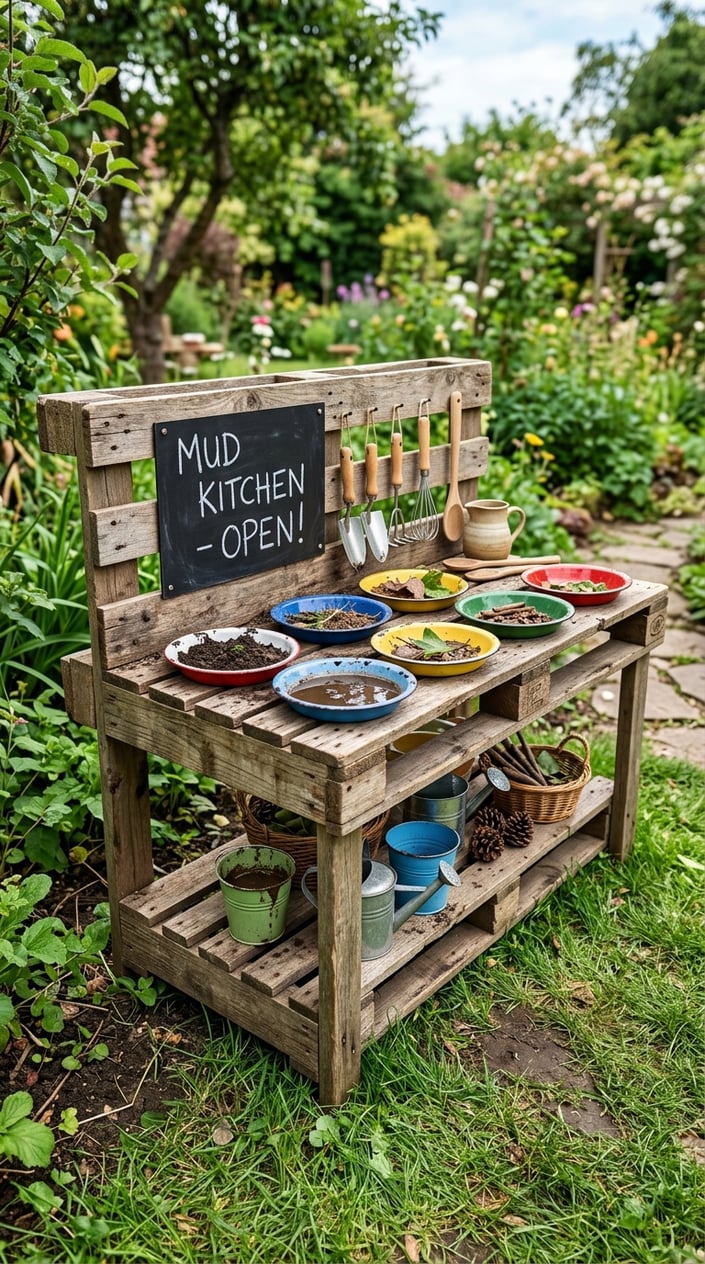 12 Mud Kitchen Setups for Kids (Using Mostly Stuff You Already Have Outside) 5 An outdoor mud kitchen made from an upcycled wooden pallet counter with colorful enamel pie plates used as bowls, surrounded by children's gardening tools and natural materials.