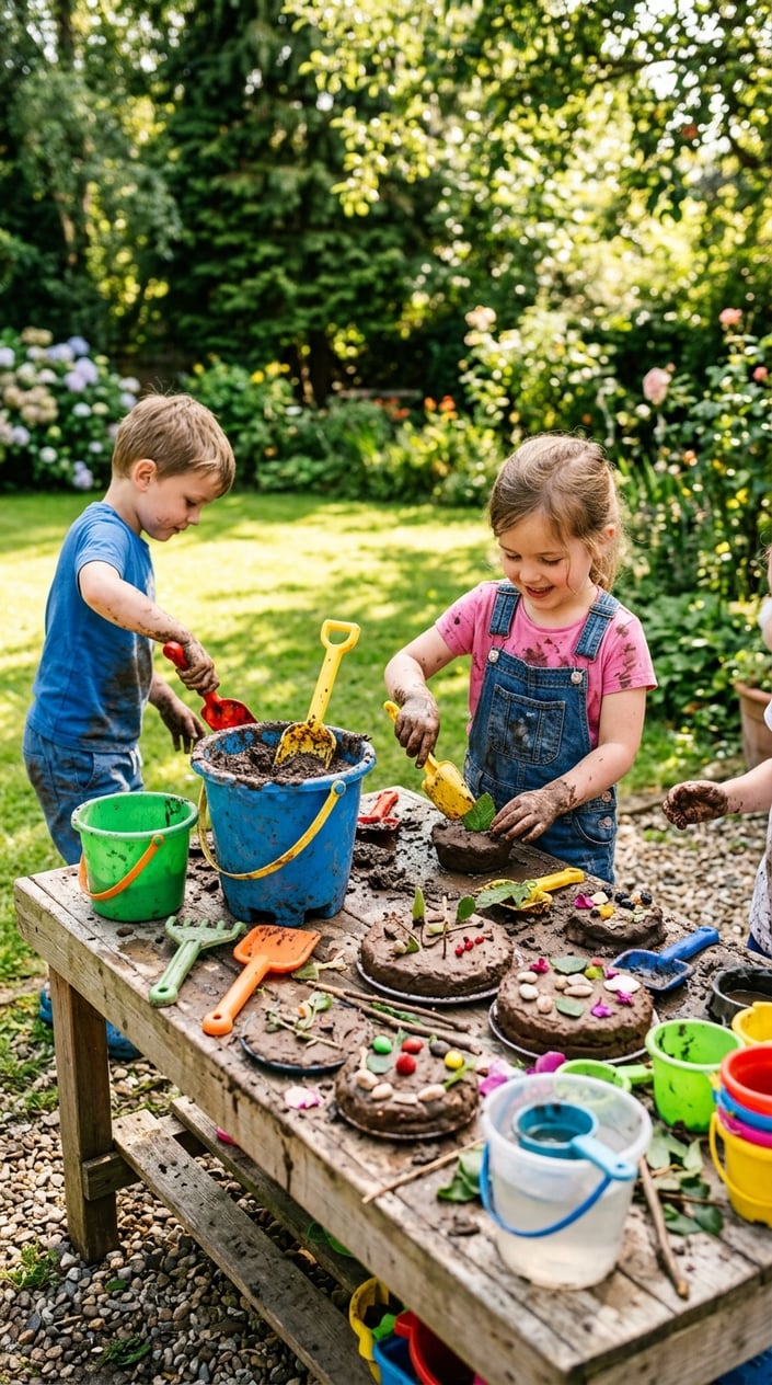 12 Mud Kitchen Setups for Kids (Using Mostly Stuff You Already Have Outside) 6 Outdoor children's mud pie station with buckets, spades, and mud shaped like pies on a wooden table surrounded by garden greenery.