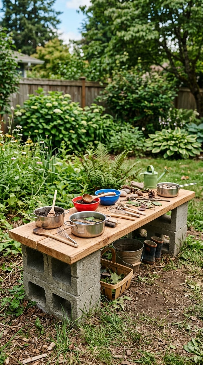 12 Mud Kitchen Setups for Kids (Using Mostly Stuff You Already Have Outside) 7 Outdoor cedar wood shelf on cinder blocks used as a kids' mud kitchen prep table with pots, bowls, and natural materials in a backyard.