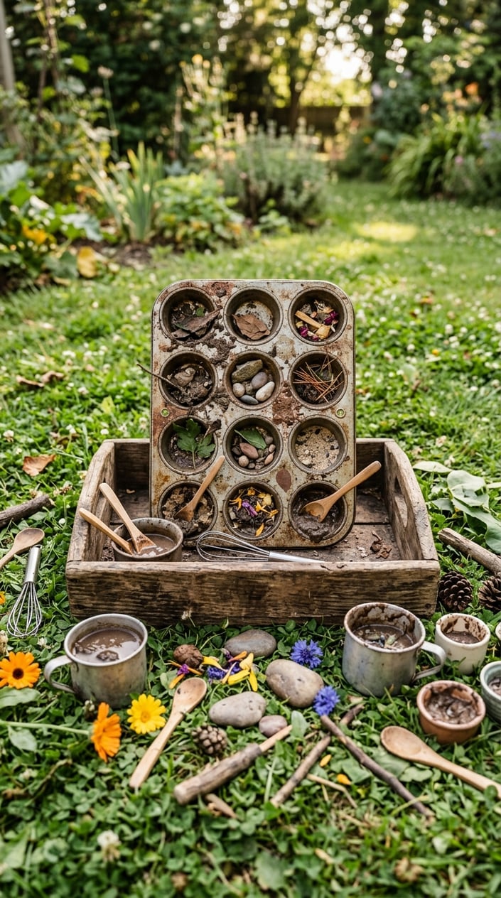12 Mud Kitchen Setups for Kids (Using Mostly Stuff You Already Have Outside) 8 An old wooden tray and muffin tin arranged outdoors with natural elements like leaves and small stones, set up as a children's mud kitchen recipe station.