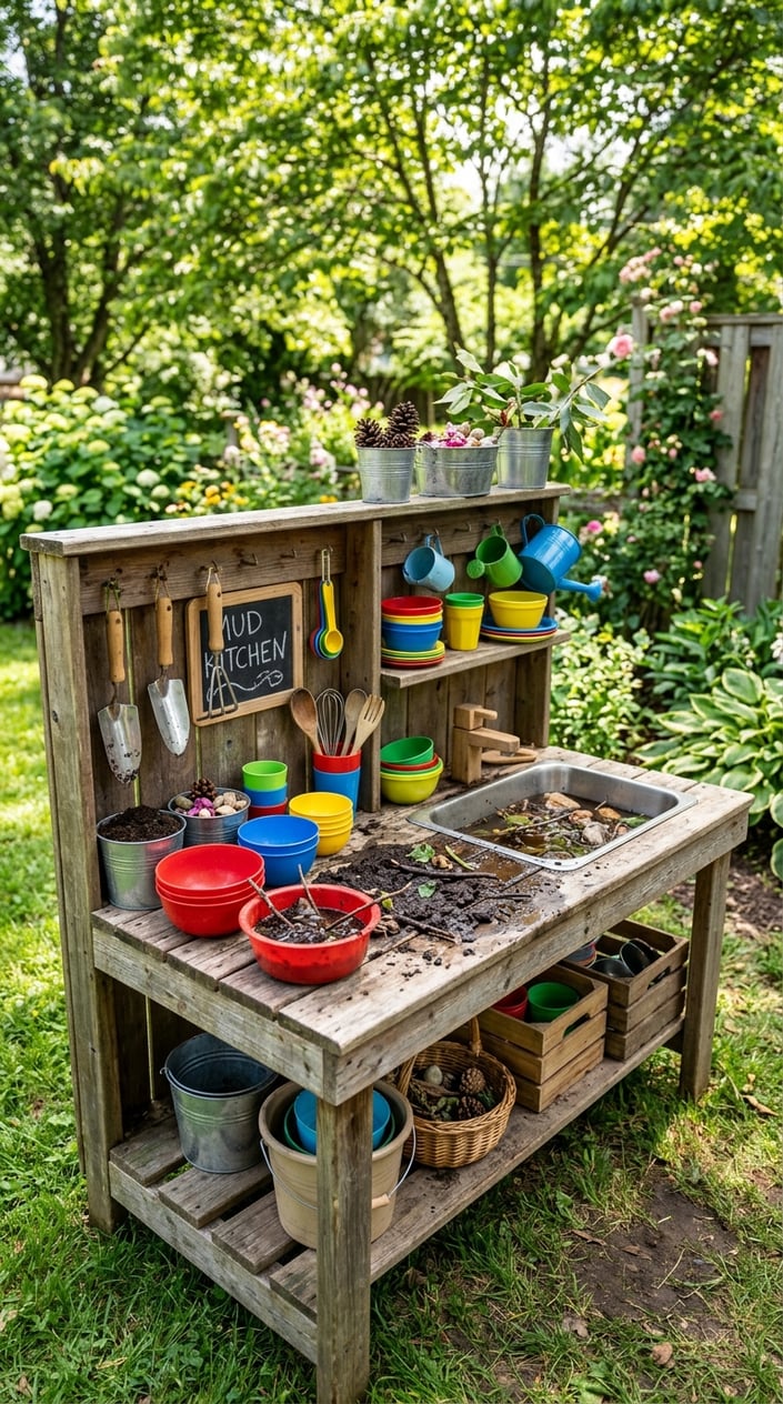 12 Mud Kitchen Setups for Kids (Using Mostly Stuff You Already Have Outside) 9 An outdoor potting bench repurposed as a mud kitchen for kids, with plastic dishes, gardening tools, and natural materials arranged for play.