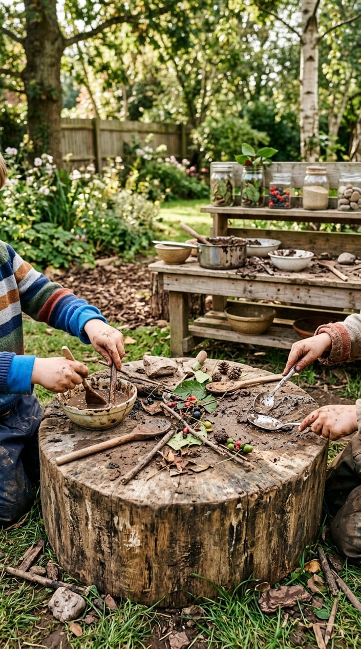 12 Mud Kitchen Setups for Kids (Using Mostly Stuff You Already Have Outside) 11 Children using a tree stump as a cutting board to mix and pound mud in an outdoor garden setting.
