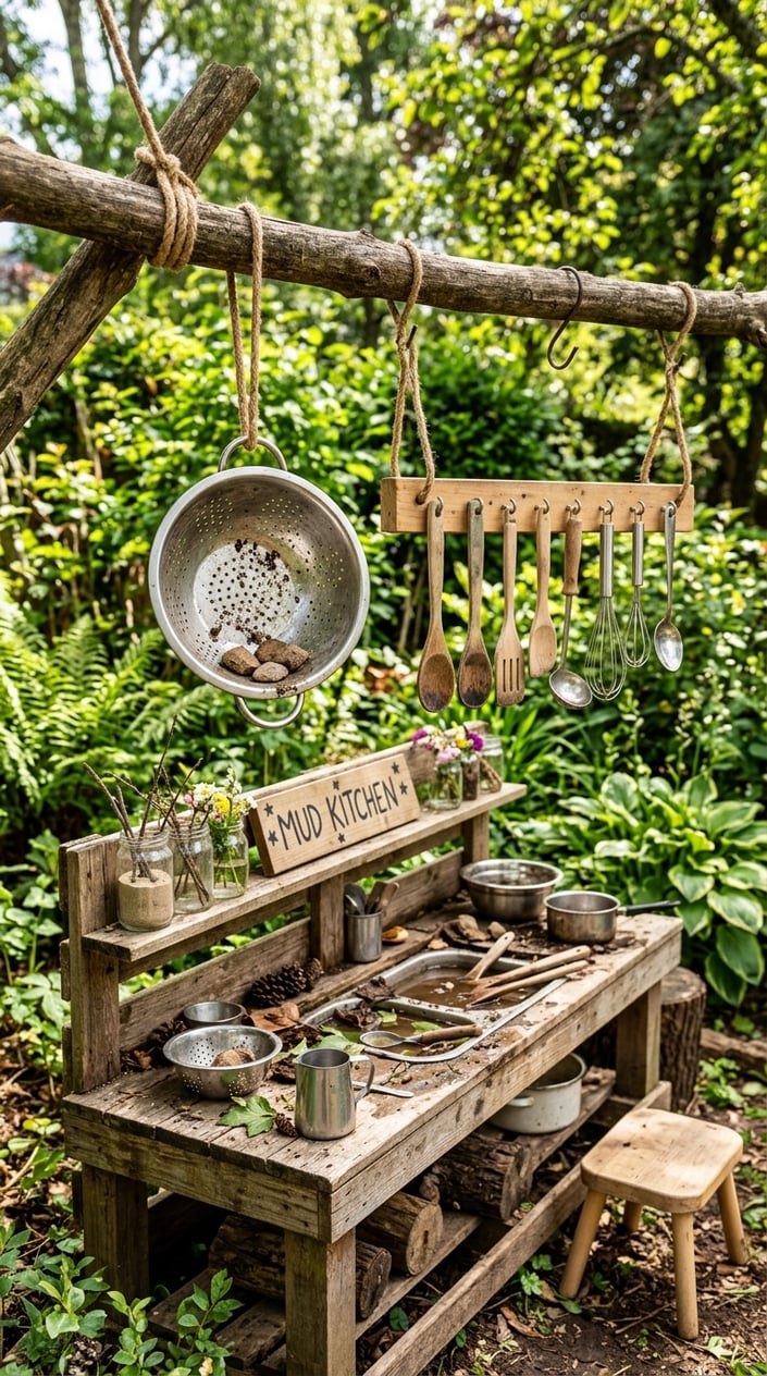 12 Mud Kitchen Setups for Kids (Using Mostly Stuff You Already Have Outside) 12 Outdoor children's mud kitchen setup with a colander and utensil rack hanging from a sturdy tree branch surrounded by greenery.