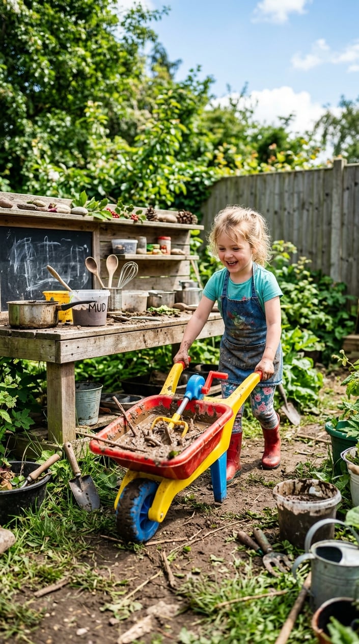 12 Mud Kitchen Setups for Kids (Using Mostly Stuff You Already Have Outside) 13 A child pushing a colorful wheelbarrow filled with mud in a backyard mud kitchen setup surrounded by outdoor play items.