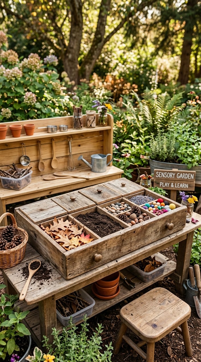 12 Mud Kitchen Setups for Kids (Using Mostly Stuff You Already Have Outside) 14 A reclaimed wooden dresser drawer used as a sensory tray filled with natural materials, set outdoors with mud kitchen tools around it.