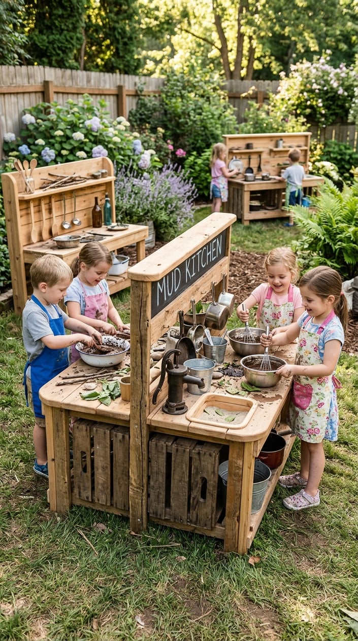 12 Mud Kitchen Setups for Kids (Using Mostly Stuff You Already Have Outside) 15 Children playing with homemade mud kitchens outdoors, using pots, pans, and garden tools in a safe garden setting.
