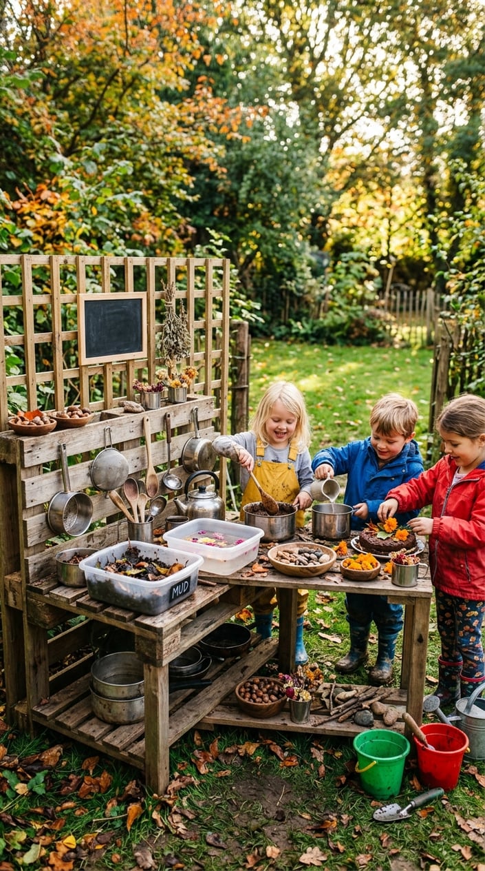 12 Mud Kitchen Setups for Kids (Using Mostly Stuff You Already Have Outside) 16 Children playing outdoors at a homemade mud kitchen made from repurposed materials, surrounded by natural elements like leaves and flowers in a backyard.