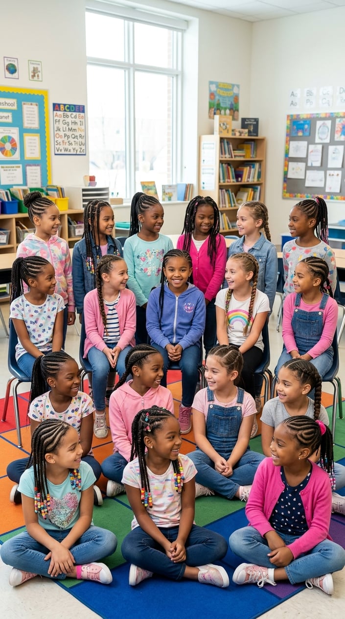 A group of young girls smiling and interacting in a bright classroom, each with a different braided hairstyle.