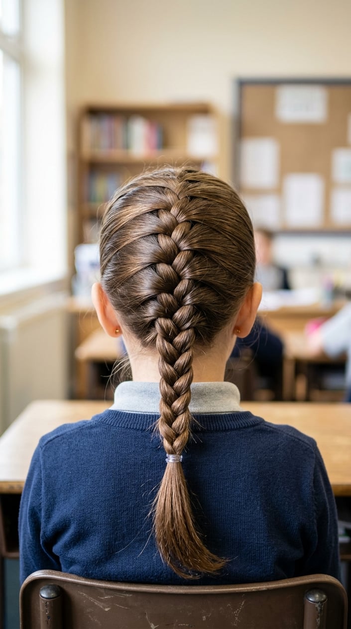 Back view of a young girl with a tightly braided hairstyle secured at the nape of her neck.