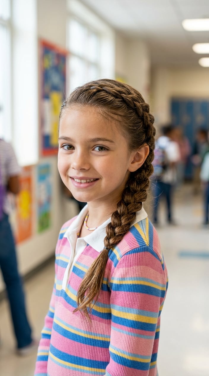 A young girl smiling indoors with her hair braided and styled neatly.