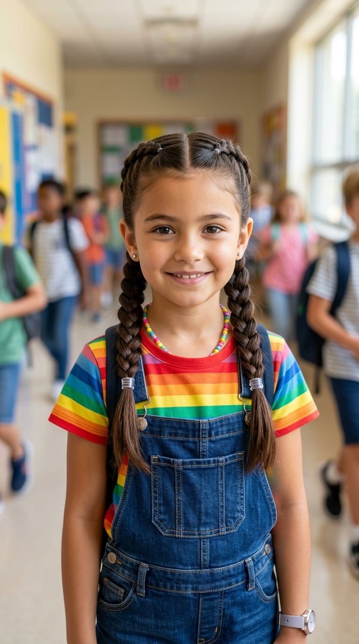 A young girl smiling with two neatly braided hairstyles secured with small elastics, wearing a colorful outfit against a softly blurred background.