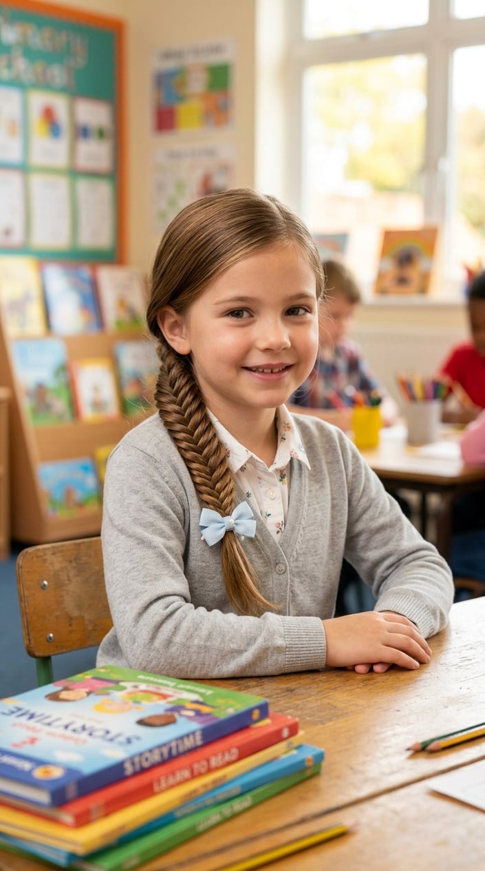 A young girl sitting indoors with a side-swept braid held by a bow clip, smiling gently.