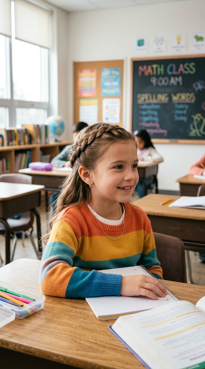 A young girl sitting in a classroom, smiling with her hair styled in a braid wrapped around her head.