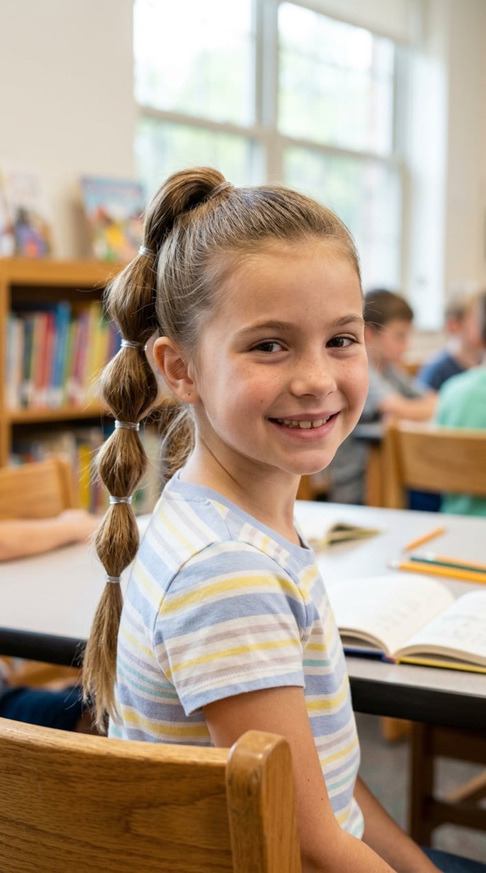 A young girl with a bubble braid ponytail smiling in a bright school setting.