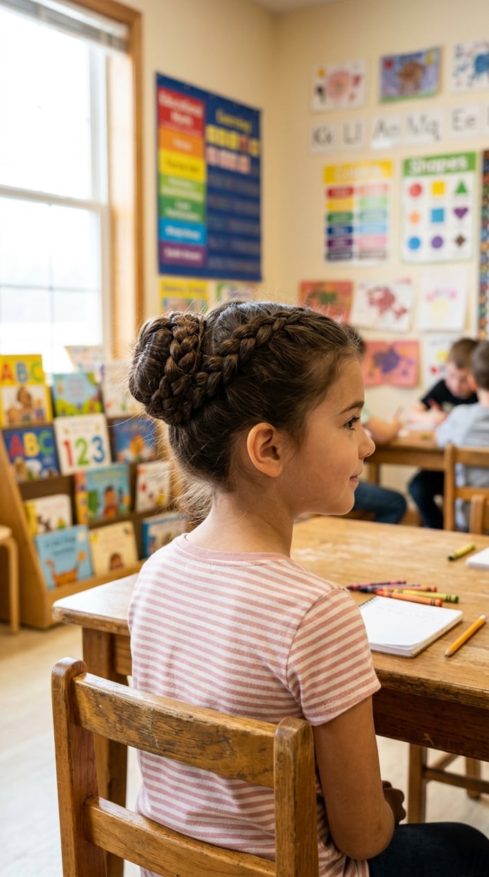 Young girl sitting in a classroom with her hair styled in a braided bun.