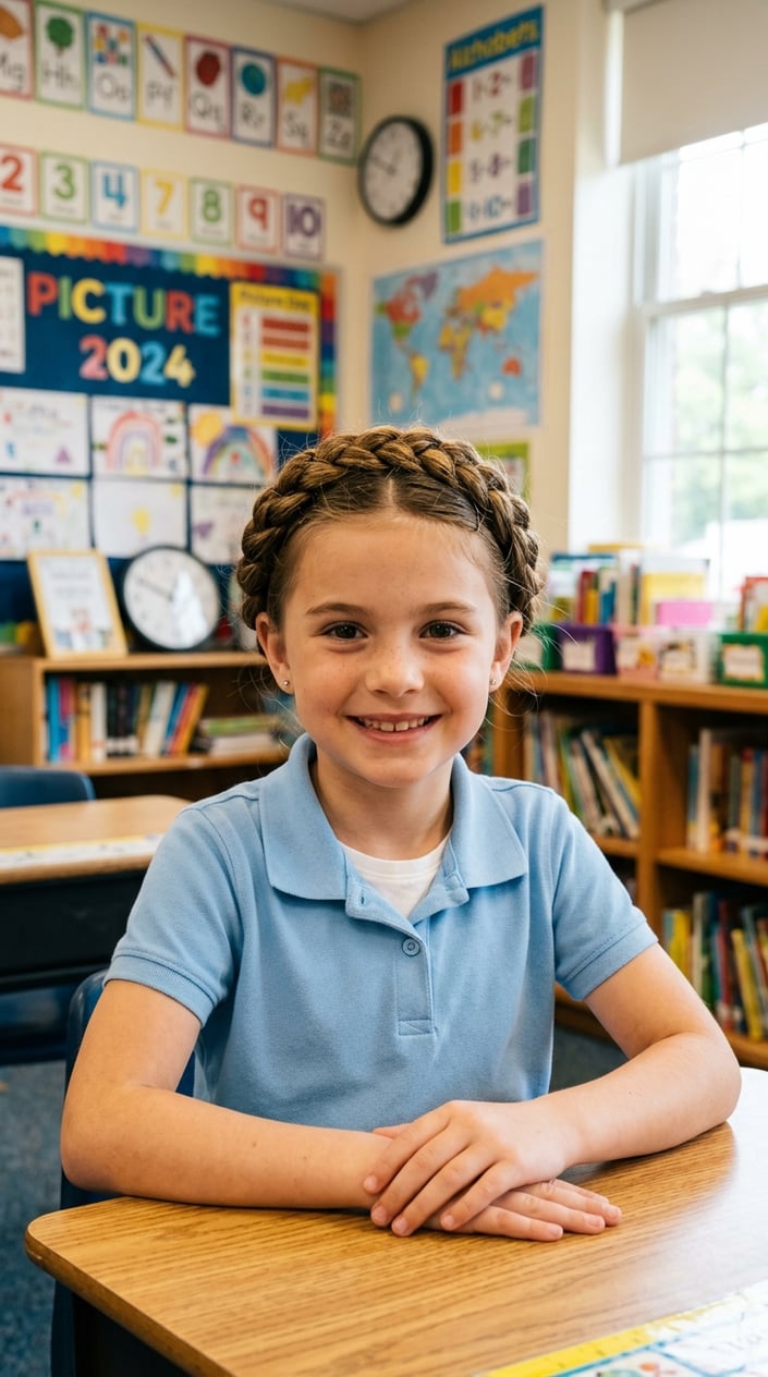 A young girl sitting in a classroom smiling with her hair braided and pinned neatly.