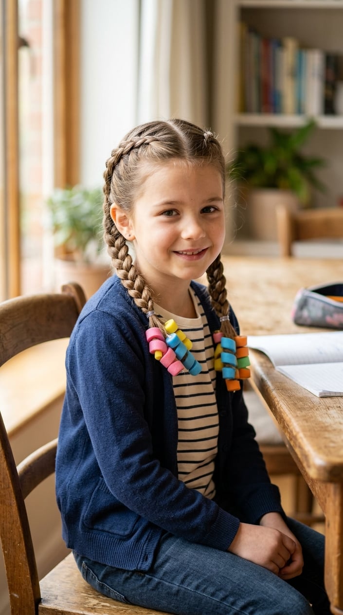Young girl with two braided pigtails sitting indoors, smiling gently.