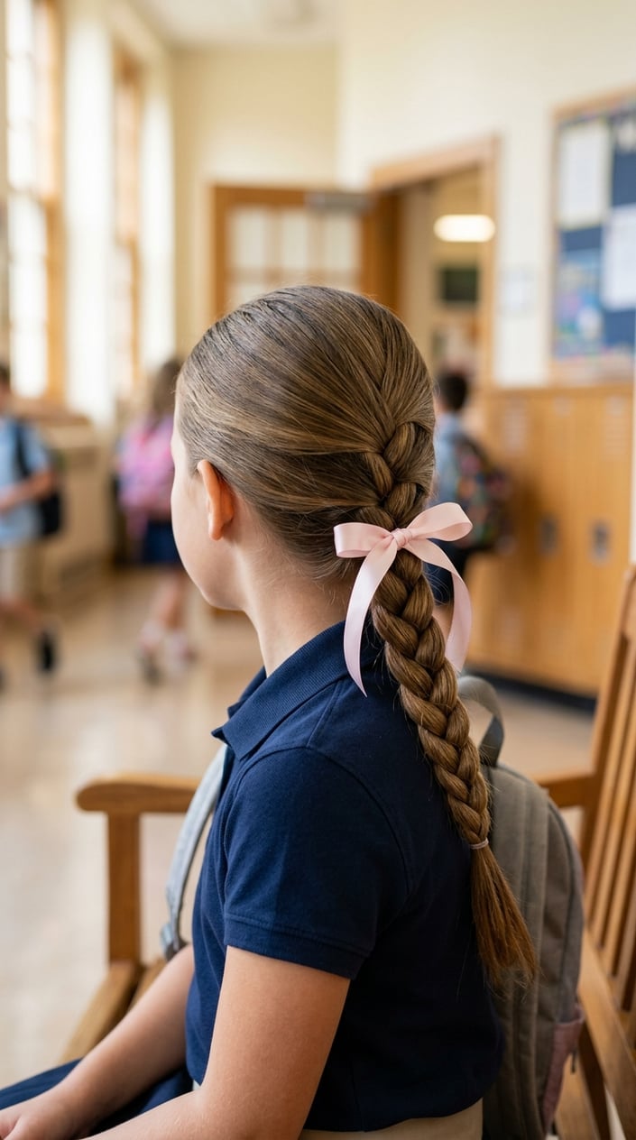 Young girl with a single low braided ponytail tied with a ribbon, shown from behind in a softly lit setting.