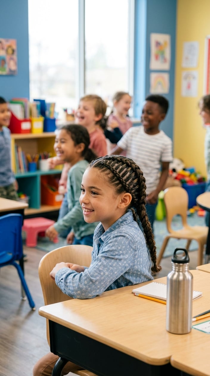 A young girl with a detailed braid sitting in a classroom during recess, with children playing in the background.