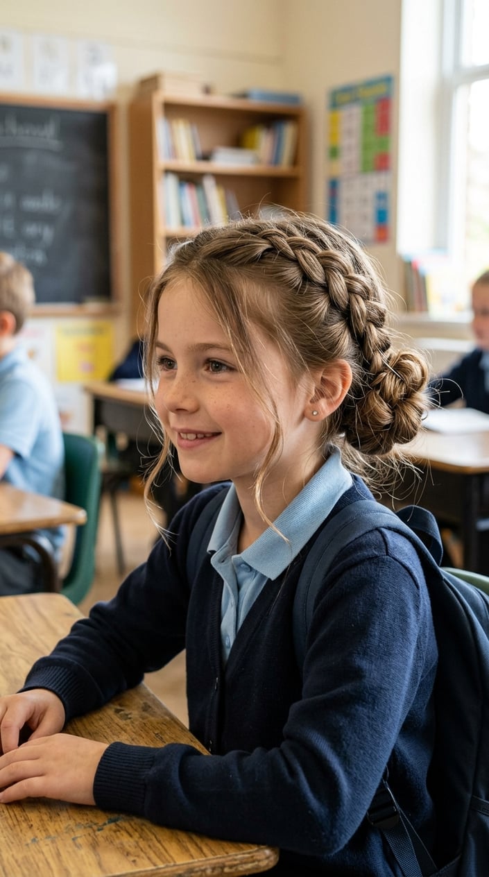 Young girl with braided hair sitting and smiling in a bright room.