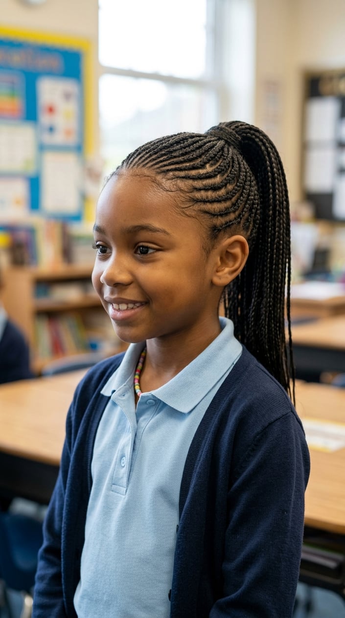 A young girl smiling with her hair braided into a ponytail, standing in a school setting.