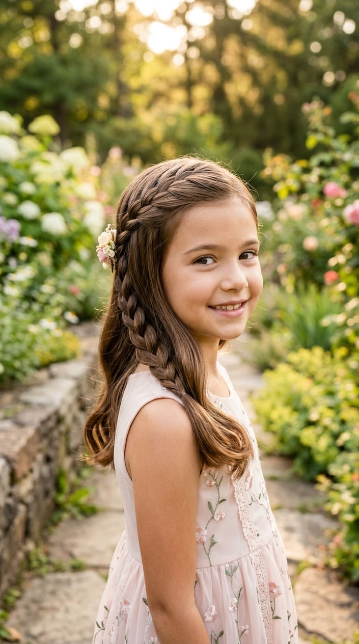 Young girl smiling with a braided hairstyle standing outdoors in soft natural light.