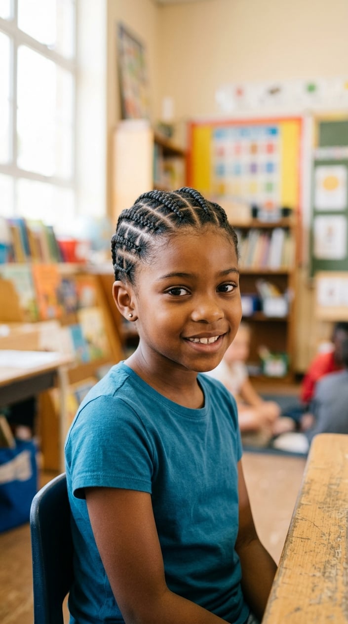 A young girl with neatly braided hair smiling in a softly lit indoor setting.
