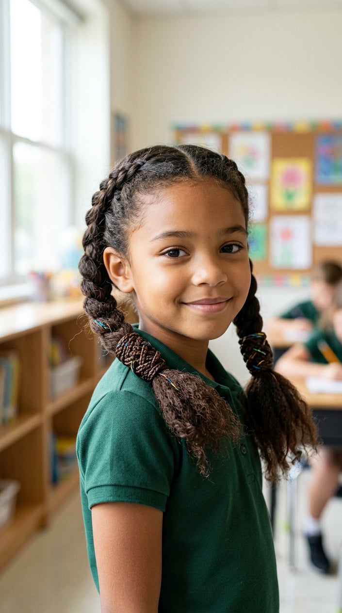 A young girl smiling indoors with neatly braided pigtails wrapped with braided elastics.