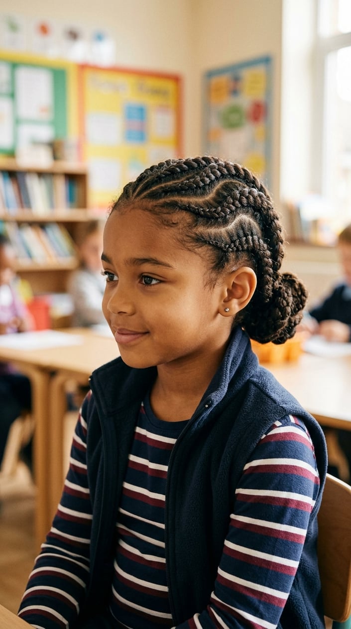A young girl with thick hair styled in detailed braids, smiling indoors with a softly blurred background.