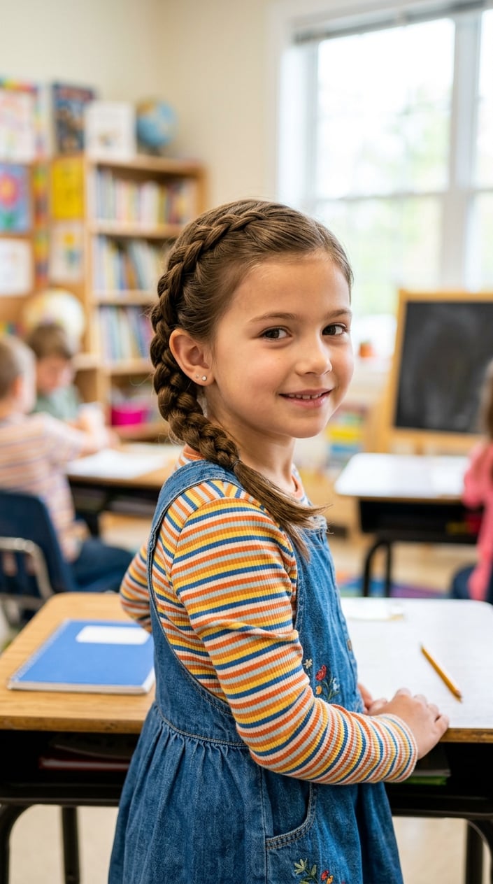 Young girl smiling indoors with her hair braided and tucked behind her ear.