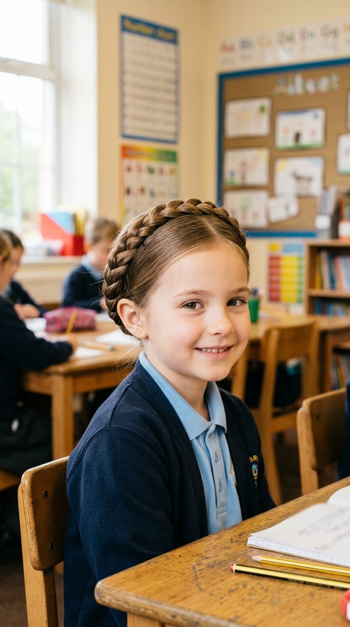 Young girl sitting in a classroom with a braided hairstyle wrapped around her head, smiling gently.