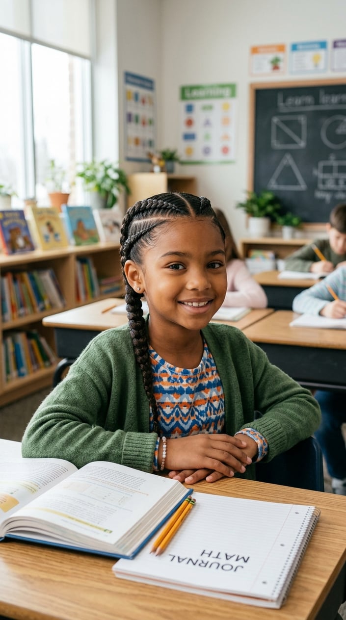 A young girl sitting in a classroom smiling with neatly braided hair.