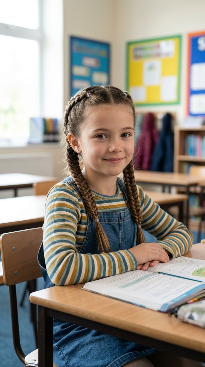 A young girl with braided pigtails sitting in a classroom, smiling softly.