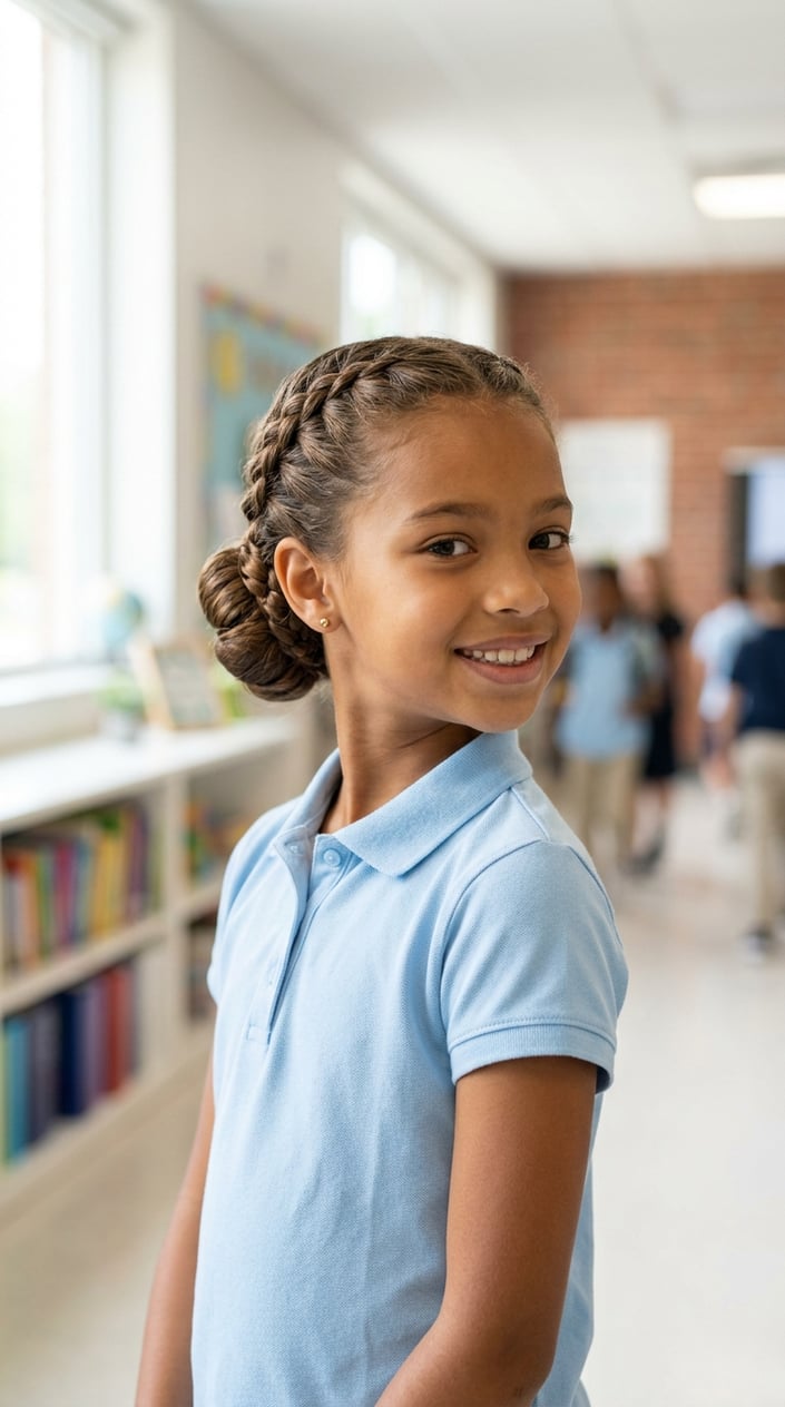 A young girl with a braided hairstyle smiling in a bright school setting.