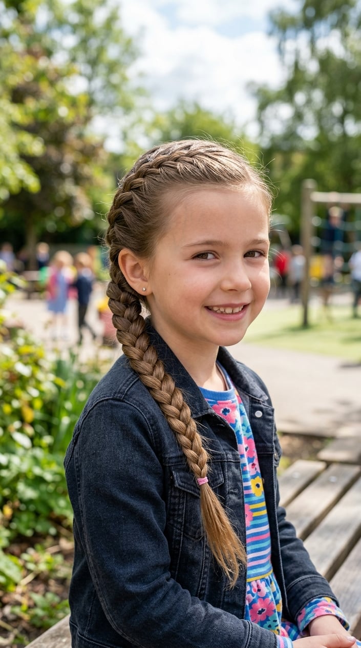 A young girl outdoors smiling with her hair styled in a neat braid.