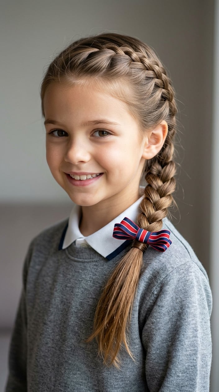 A young girl with a braided ponytail tied with a ribbon, smiling against a plain background.