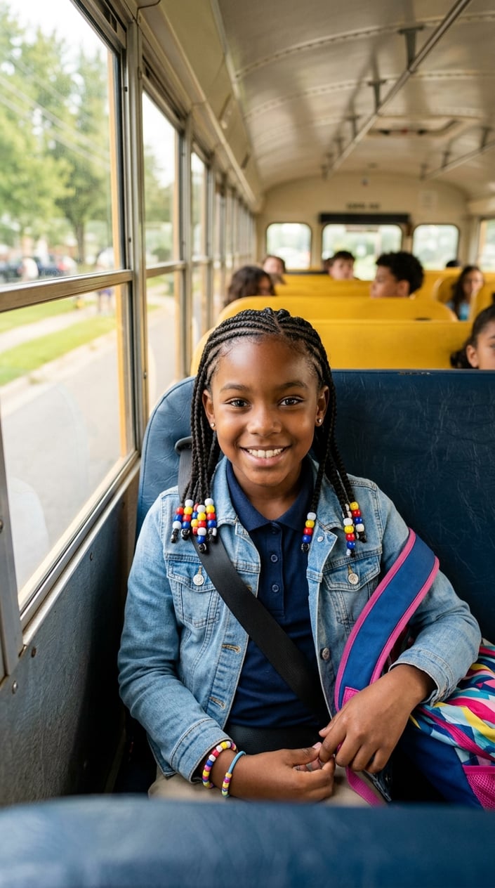 A young girl with braids sitting on a school bus seat, smiling and looking confident.