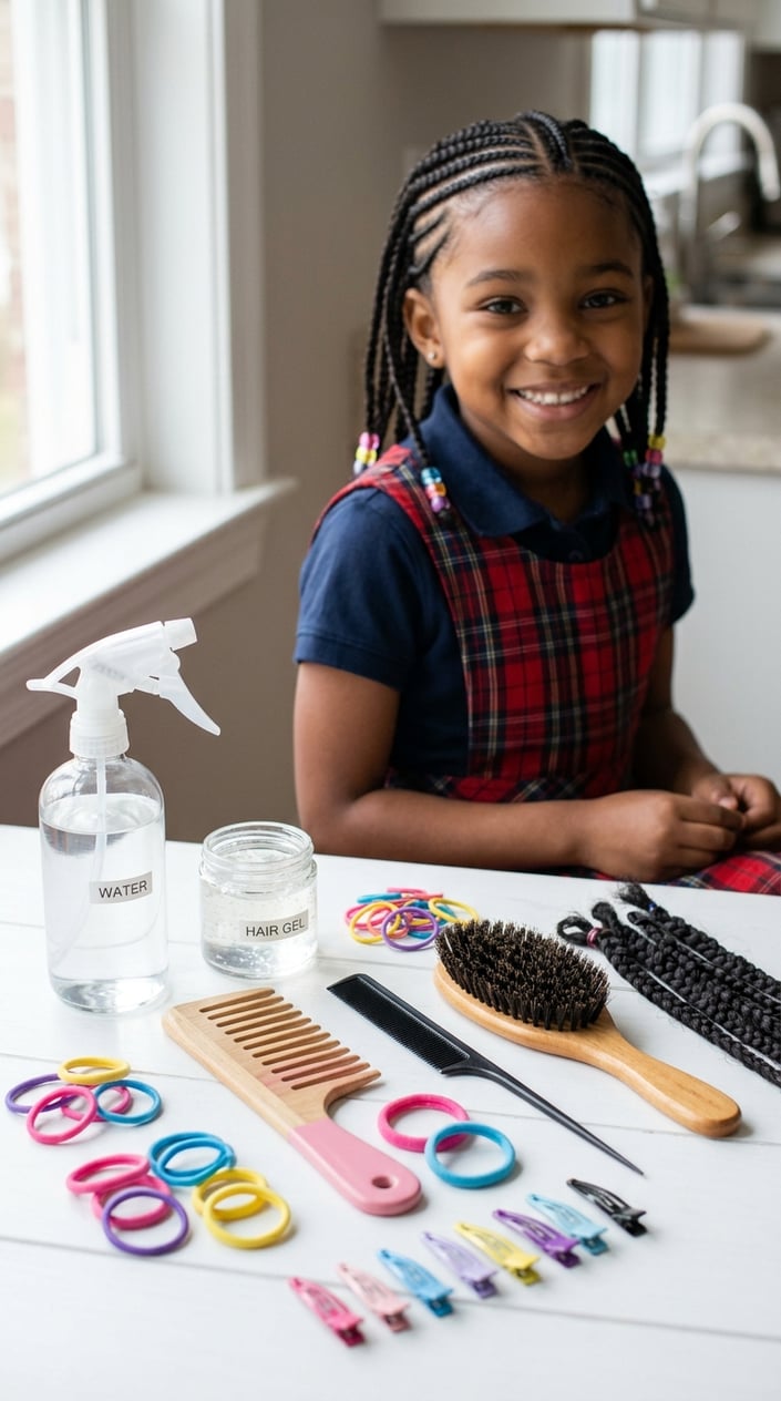 A collection of hair braiding supplies arranged on a table with a young girl in the background smiling with braided hair.