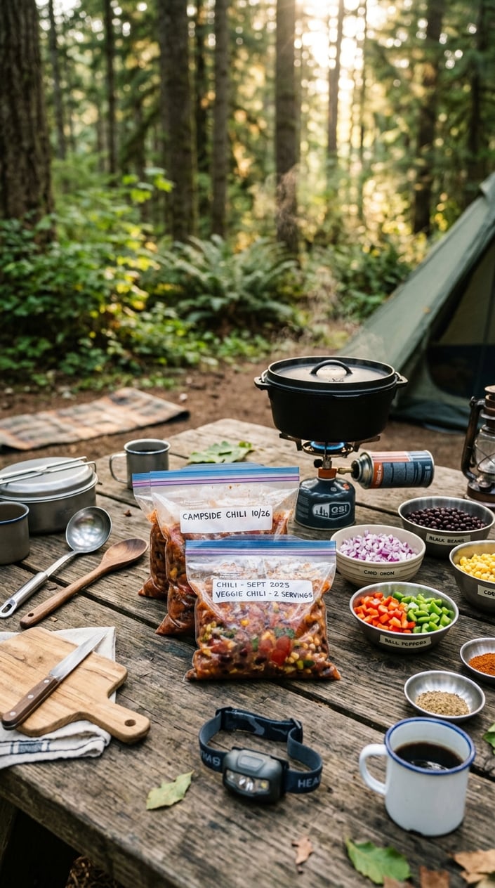 17 Camping Meals You Can Prep Ahead and Heat Over a Single-Burner Stove 3 Clear zip-top bags filled with chili on a wooden picnic table outdoors, surrounded by camping cooking gear and fresh ingredients, with trees in the background.