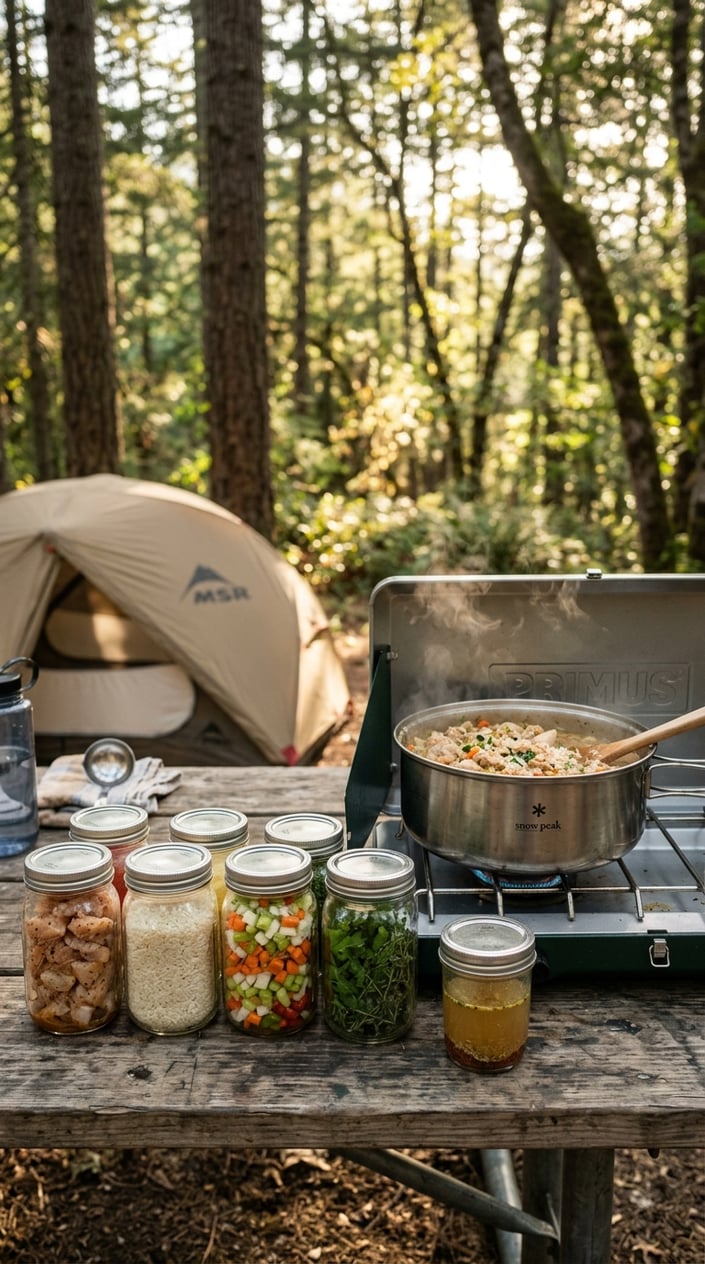 17 Camping Meals You Can Prep Ahead and Heat Over a Single-Burner Stove 4 A camping stove with a pot of chicken and rice cooking, surrounded by jars filled with prepped ingredients, set in a forest outdoors.