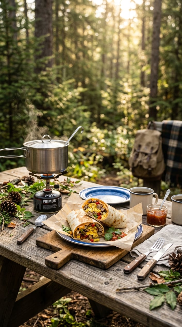 17 Camping Meals You Can Prep Ahead and Heat Over a Single-Burner Stove 5 Two breakfast burritos filled with scrambled eggs and sausage on a wooden picnic table in a forest camping setting with a single-burner stove and camping utensils nearby.