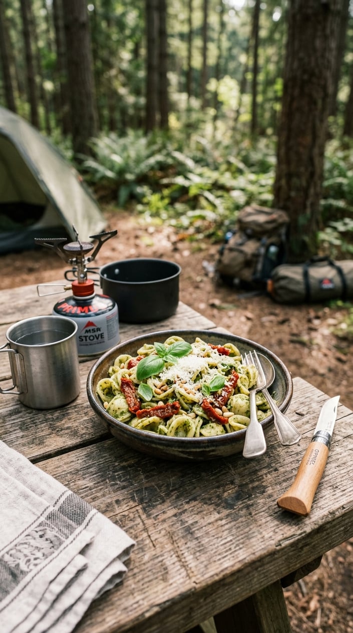 17 Camping Meals You Can Prep Ahead and Heat Over a Single-Burner Stove 6 A bowl of pesto pasta with sun-dried tomatoes on a wooden table outdoors, surrounded by camping gear including a small stove and mug, with a forest background.