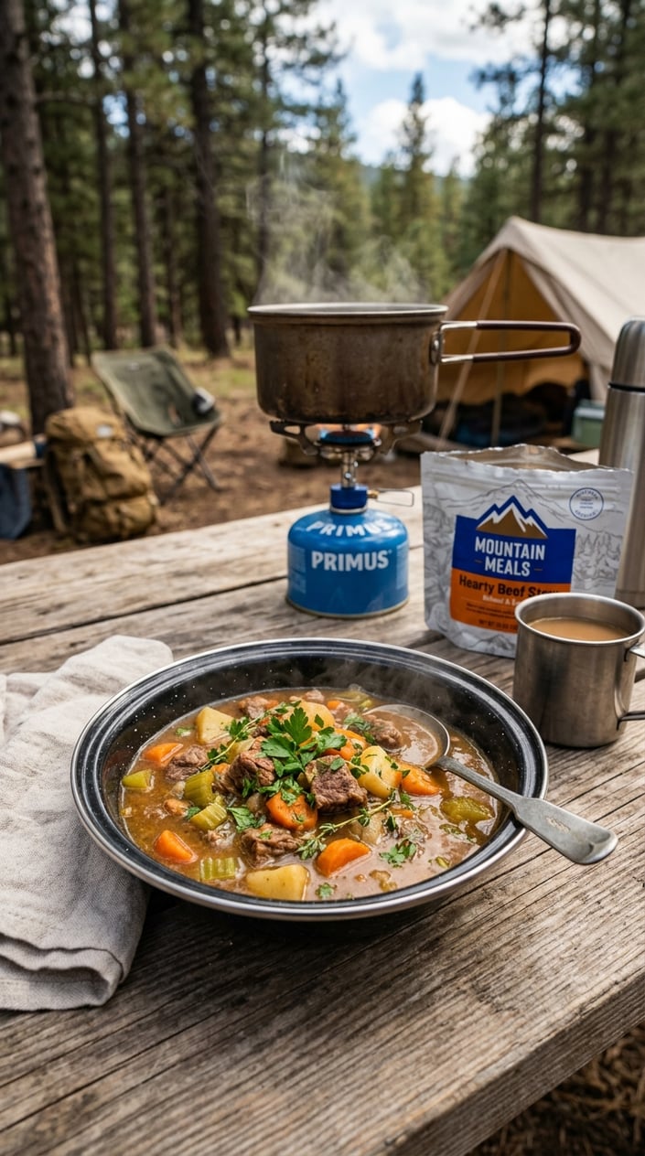 17 Camping Meals You Can Prep Ahead and Heat Over a Single-Burner Stove 7 A bowl of steaming beef stew with vegetables on a wooden table outdoors, next to a camping stove and foil pouch, with a blurred forest background.