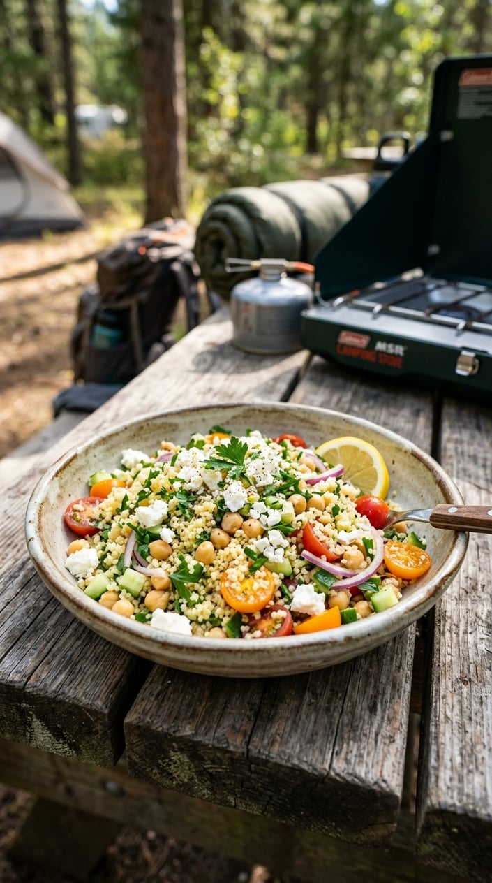 17 Camping Meals You Can Prep Ahead and Heat Over a Single-Burner Stove 8 A bowl of couscous salad with chickpeas, feta, and vegetables on a wooden table outdoors with camping equipment in the background.